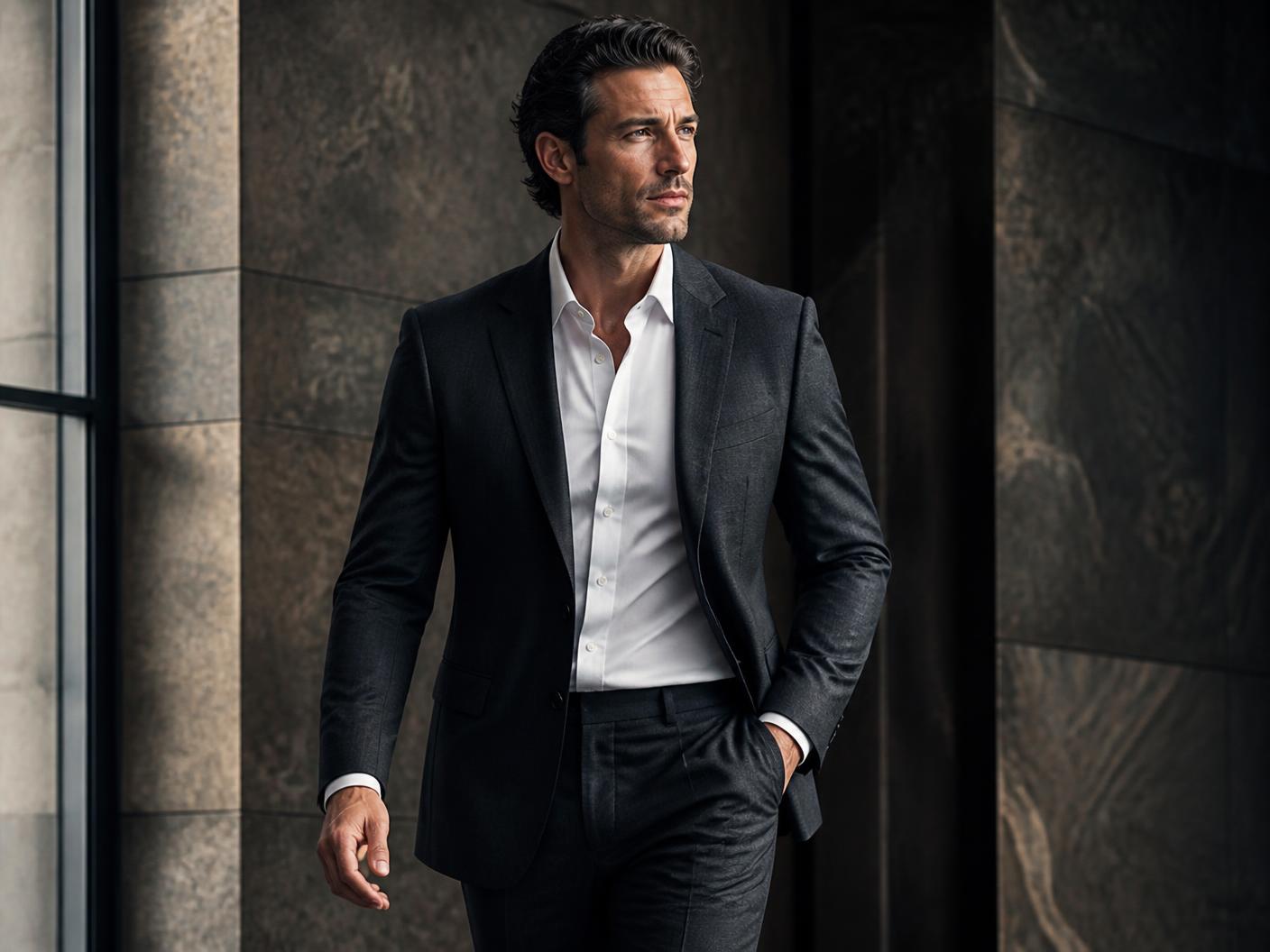 Confident man in a tailored charcoal suit and crisp white shirt walking through a stone-clad lobby in soft natural light